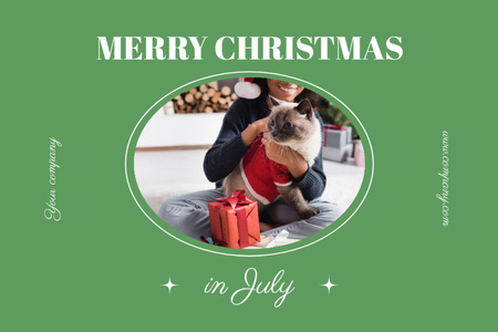 Christmas in July Greeting with Cute Cat on Green Postcard 4x6in Design Template