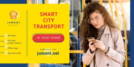 Plantilla de diseño de City Transport Woman in Bus with Smartphone Twitter 