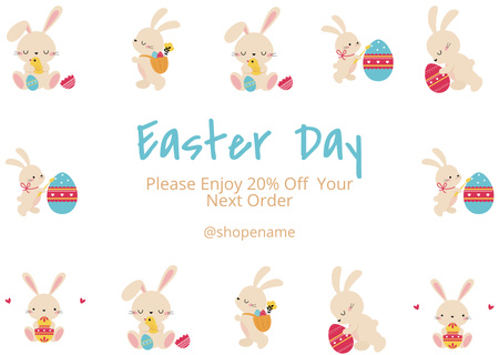 Easter Day Promotion with Cute Easter Bunnies with Colored Eggs Card Design Template