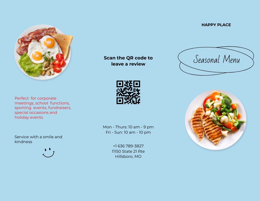 Plantilla de diseño de Seasonal Menu Announcement with Appetizing Dishes Menu 11x8.5in Tri-Fold 
