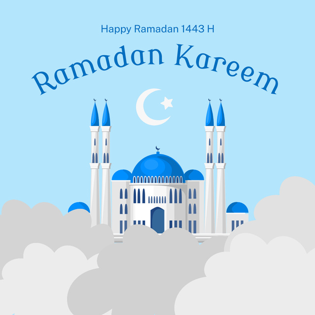 Month of Ramadan Greeting with White Mosque Illustration Instagramデザインテンプレート
