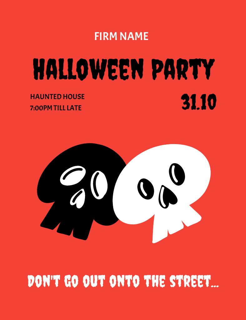 Halloween Party Announcement with Skulls Illustration on Red Invitation 13.9x10.7cmデザインテンプレート
