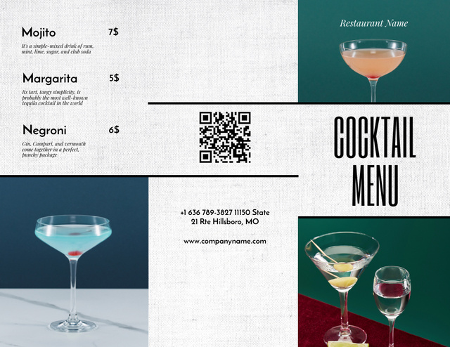 Designvorlage Cocktails In Glasses With Description für Menu 11x8.5in Tri-Fold