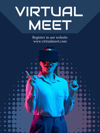 Woman in Virtual Reality Glasses in Blue Poster US Design Template