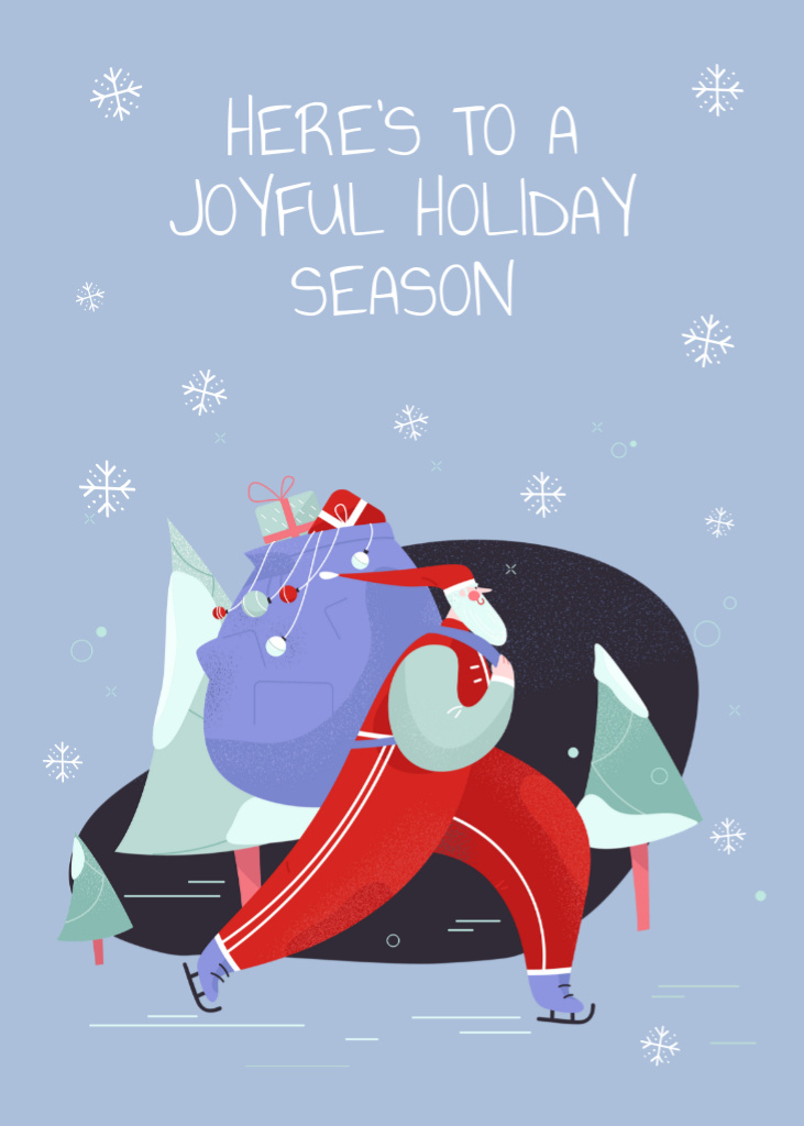 Christmas and New Year Greetings with Santa Skating Postcard 5x7in Vertical – шаблон для дизайна