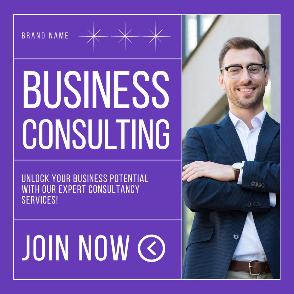 Ad of Business Consulting Services with Smiling Businessman LinkedIn postデザインテンプレート