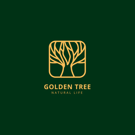 Emblem with Golden Tree Illustration Logo Design Template