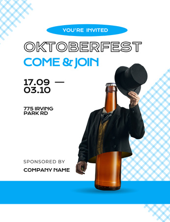 Oktoberfest Celebration Announcement with Bottle on Blue and White Invitation 13.9x10.7cm Design Template