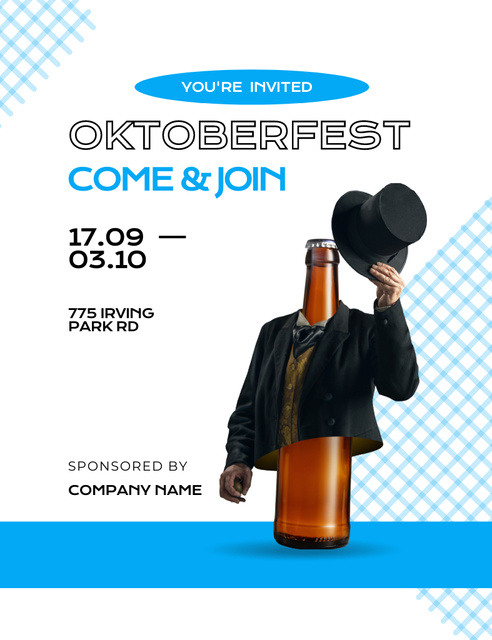 Oktoberfest Celebration Announcement with Bottle on Blue and White Invitation 13.9x10.7cmデザインテンプレート