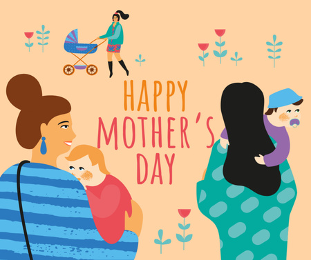 Plantilla de diseño de Felices mamás con niños en el día de la madre Facebook 