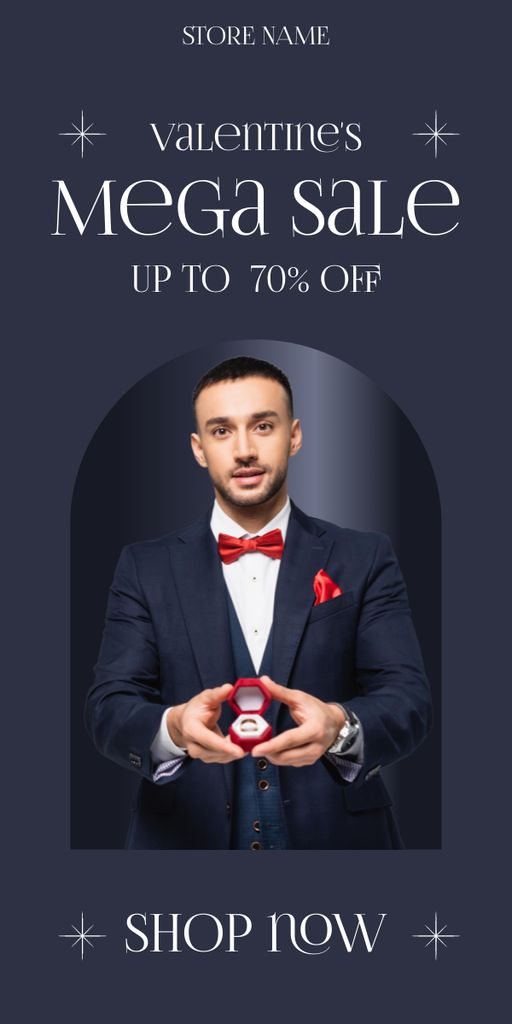 Valentine Day Mega Sale Announcement with Young Handsome Man Graphic Design Template