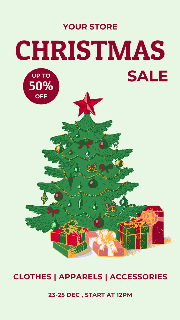 Christmas Holiday Sale Announcement with Festive Green Tree Instagram Story Πρότυπο σχεδίασης