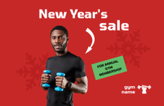 New Year Offer with Man holding Dumbbells in Red