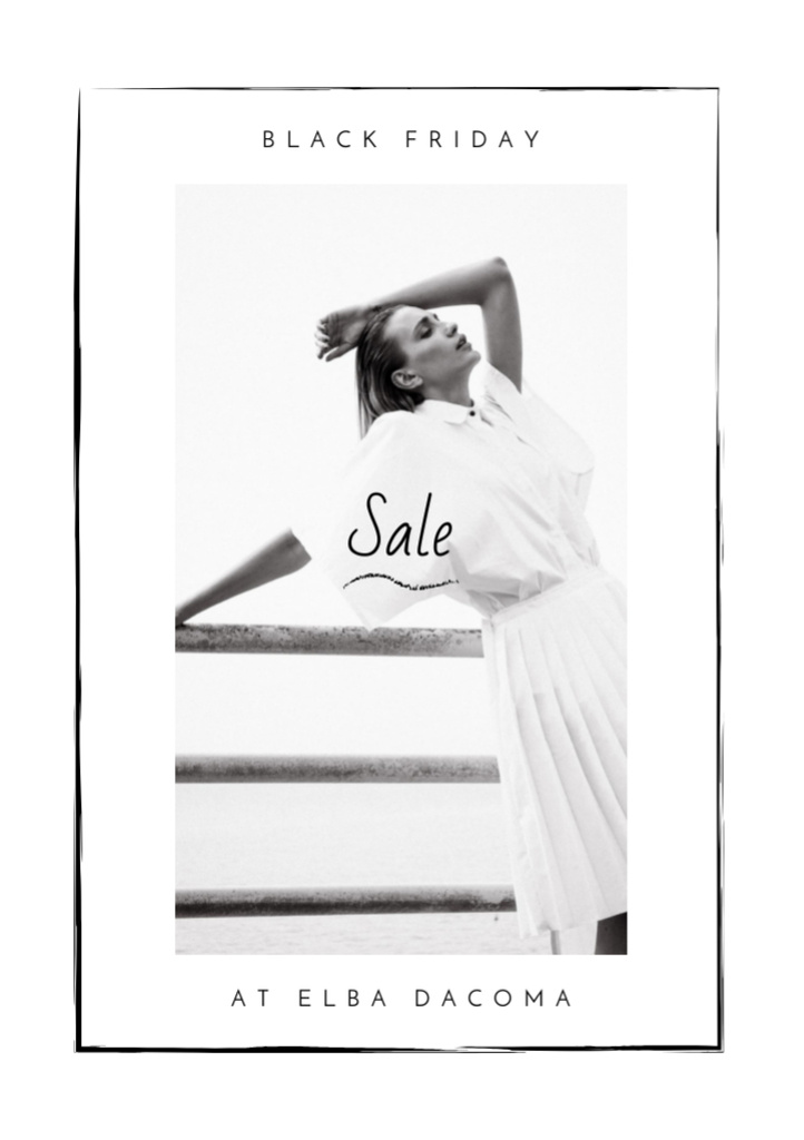 Plantilla de diseño de Black Friday Sale with Woman in White Clothes Flyer A7 
