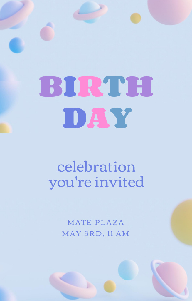 Template di design Birthday Party Celebration Announcement with Colorful Planets Invitation 4.6x7.2in
