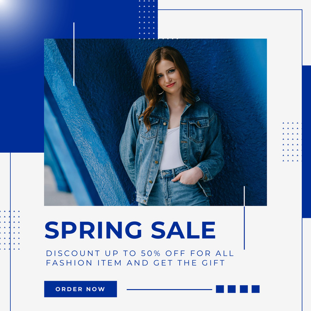 Spring Sale with Young Woman in Jeans Instagram AD Šablona návrhu