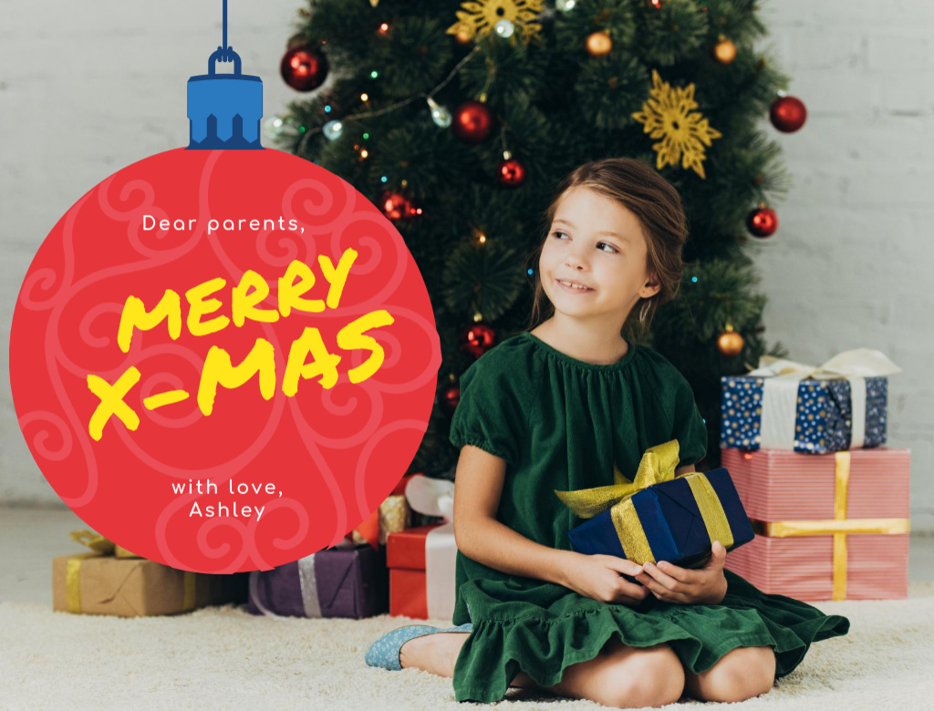 Christmas Greeting With Little Girl Holding Presents Postcard 4.2x5.5in Design Template