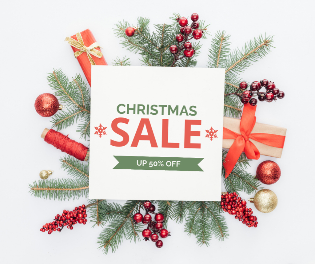 Template di design Christmas Sale Announcement with Decorative Festive Wreath Facebook