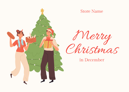 Christmas Greetings with Illustrated Couple Smiling Postcard Design Template