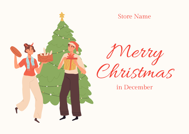 Cheerful Christmas Greetings with Illustrated Couple Smiling Postcard Tasarım Şablonu