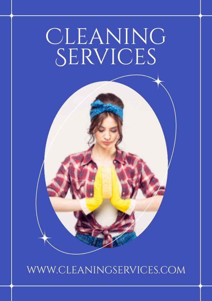 Cleaning Services Offer with Girl in Gloves on Blue Flyer A5 Tasarım Şablonu