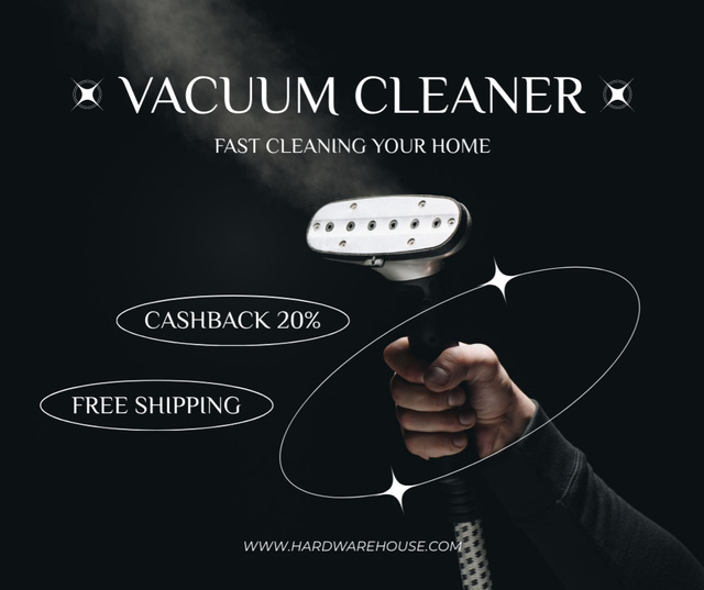 Ontwerpsjabloon van Facebook van Offers Discounts on Vacuum Cleaner on Black