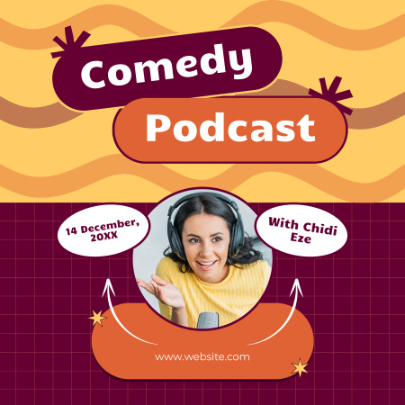 Promo of Comedy Podcast with Woman in Headphones Podcast Cover Design Template