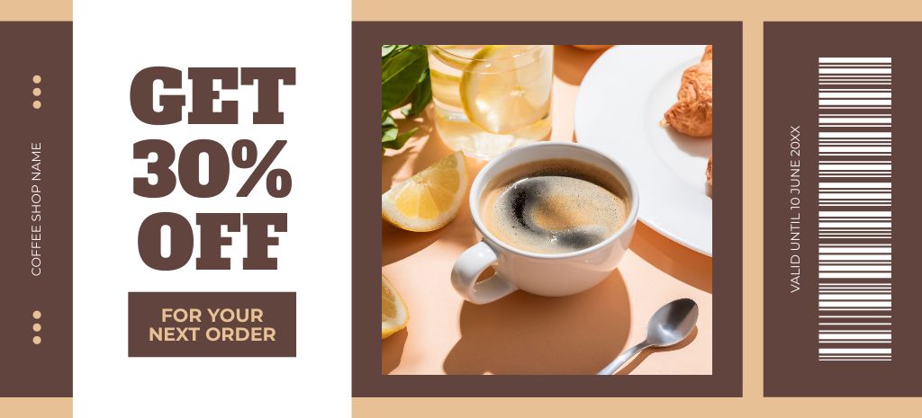 Discount on Next Coffee Order Coupon 3.75x8.25in Design Template