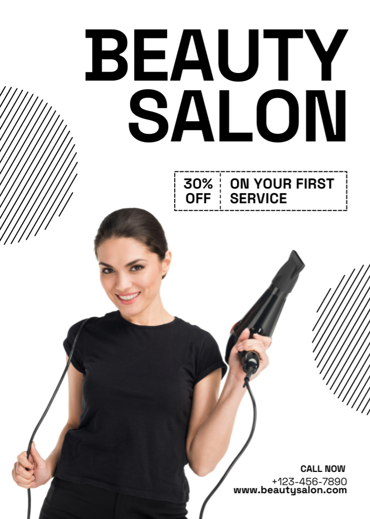 Designvorlage Beauty Salon Ad with Beautiful Woman with Hair Dryer für Flayer