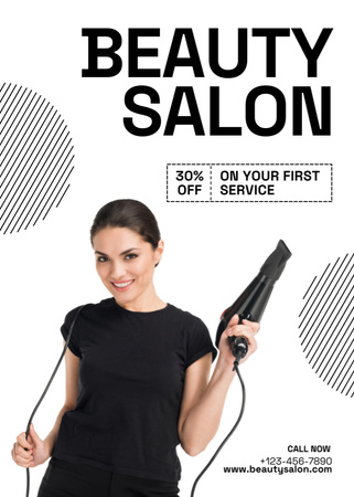 Designvorlage Schönheitssalon-Werbung mit schöner Frau mit Haartrockner für Flayer