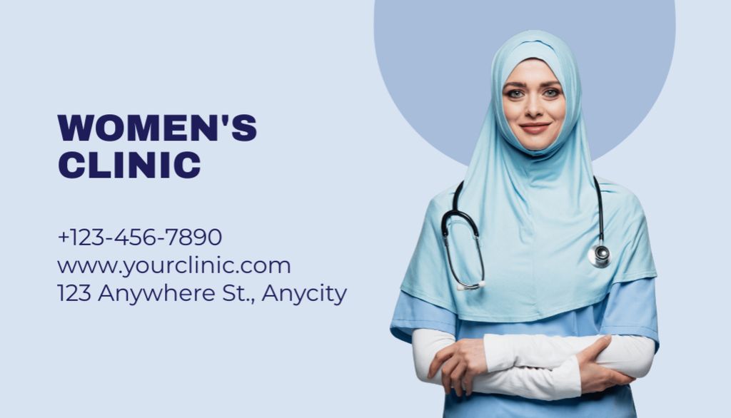 Ontwerpsjabloon van Business Card US van Ad Women's Health Clinic with Photo of Female Muslim Doctor
