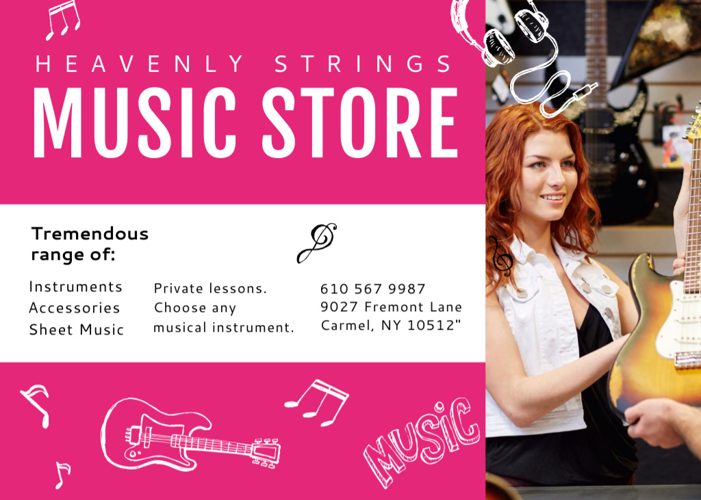 Professional Music Store And Woman Selling Guitar Postcard 5x7in Design Template