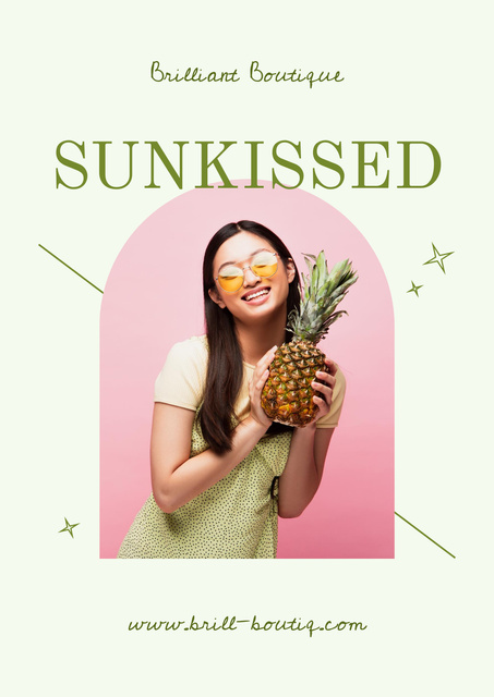 Designvorlage Summer Sale with Asian Woman with Pineapple für Poster