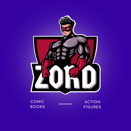 Template di design annuncio negozio di fumetti con personaggio Logo