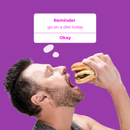 Ontwerpsjabloon van Instagram van grappige grap over dieet met vrouw eten fast food