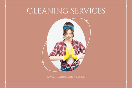 Simple Ad of Cleaning Services with Woman in Yellow Gloves on Brown Flyer 4x6in Horizontal tervezősablon