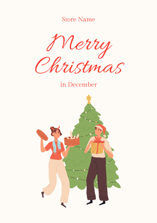 Christmas Greetings with Illustrated Couple Smiling Postcard A5 Vertical Design Template