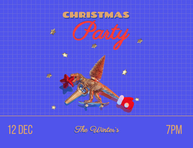 Christmas Party Announcement With Festive Dino Invitation 13.9x10.7cm Horizontal Πρότυπο σχεδίασης