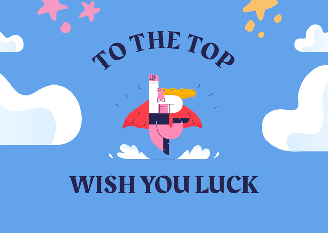 Plantilla de diseño de Good Luck Wishes with Flying Man Card 