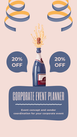Designvorlage Rabattangebot für die Veranstaltungsplanung mit Champagnerflasche für Instagram Video Story