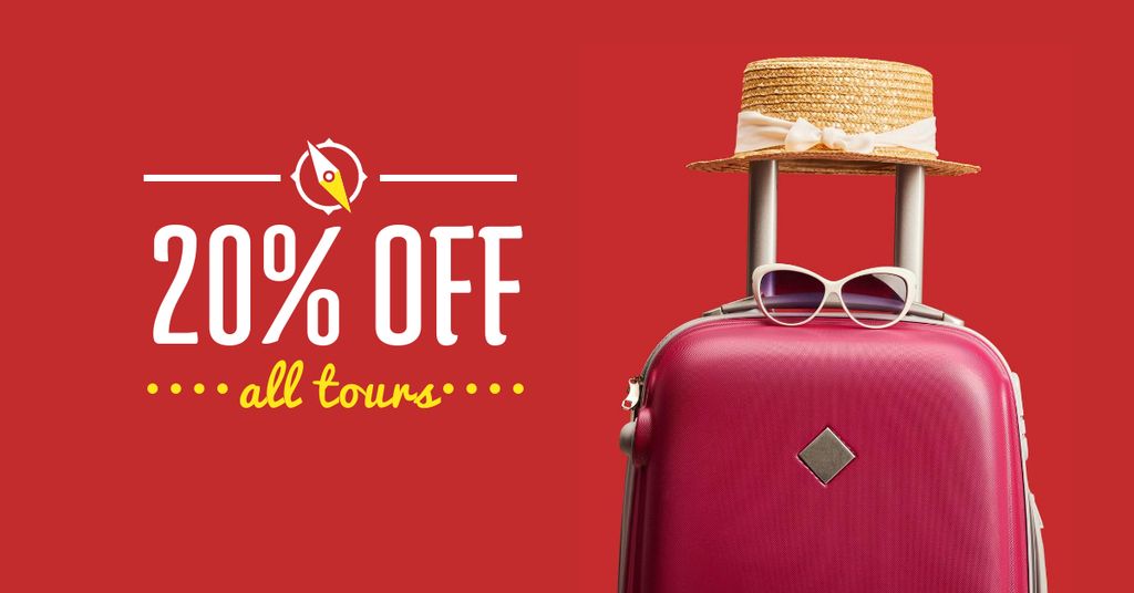 Szablon projektu Travel Tours sale Suitcase and Hat in Red Facebook AD