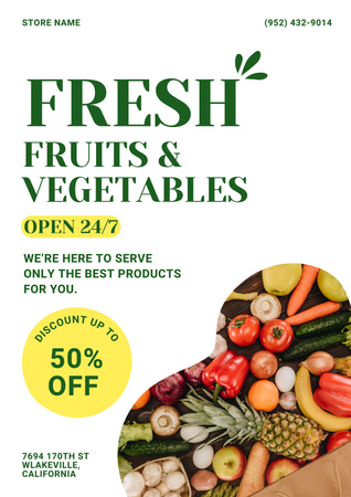Fresh Organic Vegetables and Fruits for Grocery Store Ad Posterデザインテンプレート
