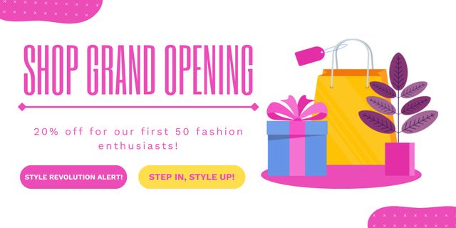Fashion Shop Grand Opening With Discounts And Gifts Twitter Design Template