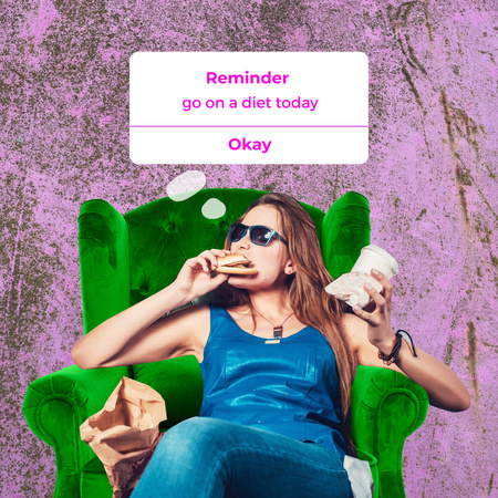 Ontwerpsjabloon van Instagram van Funny Joke about Diet with Woman eating Fast Food