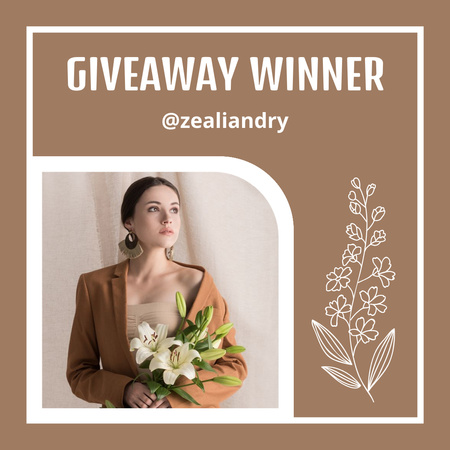 Giveaway Winner Announcement with Attractive Young Woman with Flowers Instagram Design Template