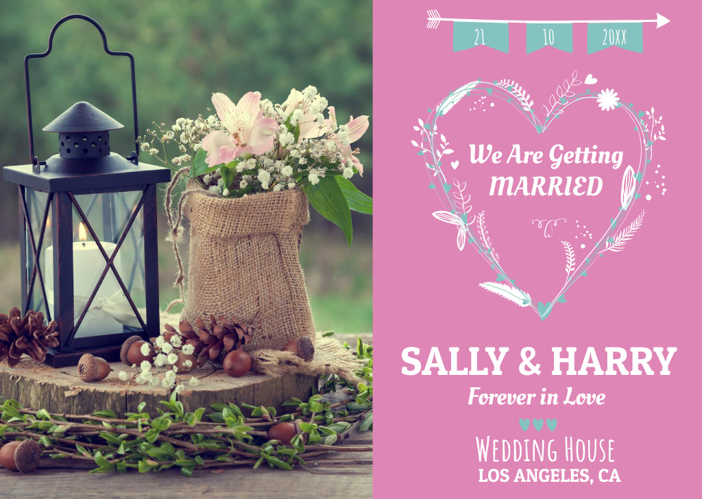 Modèle de visuel Wedding Invitation with Flowers in Pink - Postcard