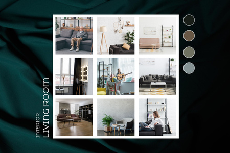 Varieties of Living Room Interior on Deep Green Mood Board Šablona návrhu