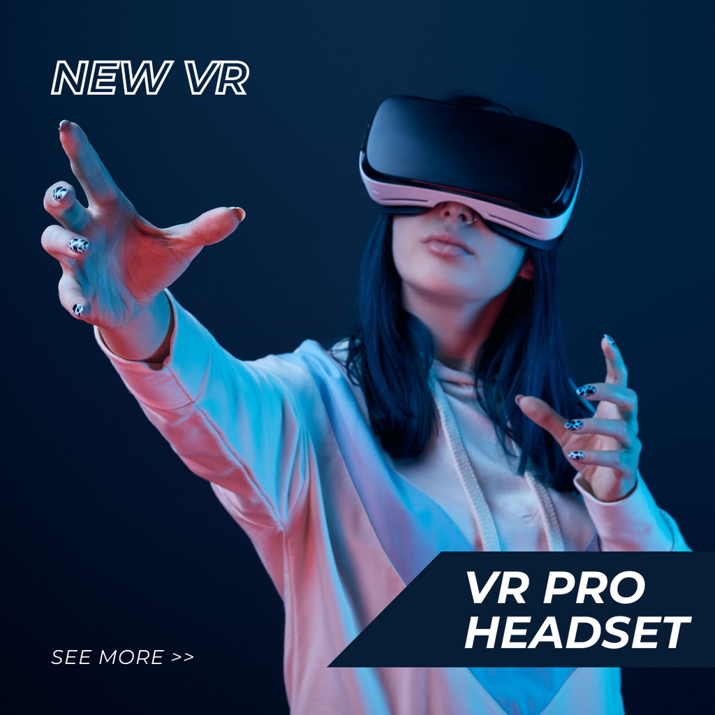 New VR Pro Headset Ad with Woman in Glasses Instagram tervezősablon