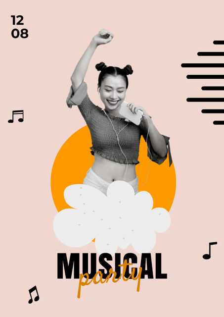 Music Party Announcement with Asian Woman Poster A3 Tasarım Şablonu
