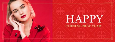 Chinese New Year Greeting with Woman in red Facebook cover Design Template